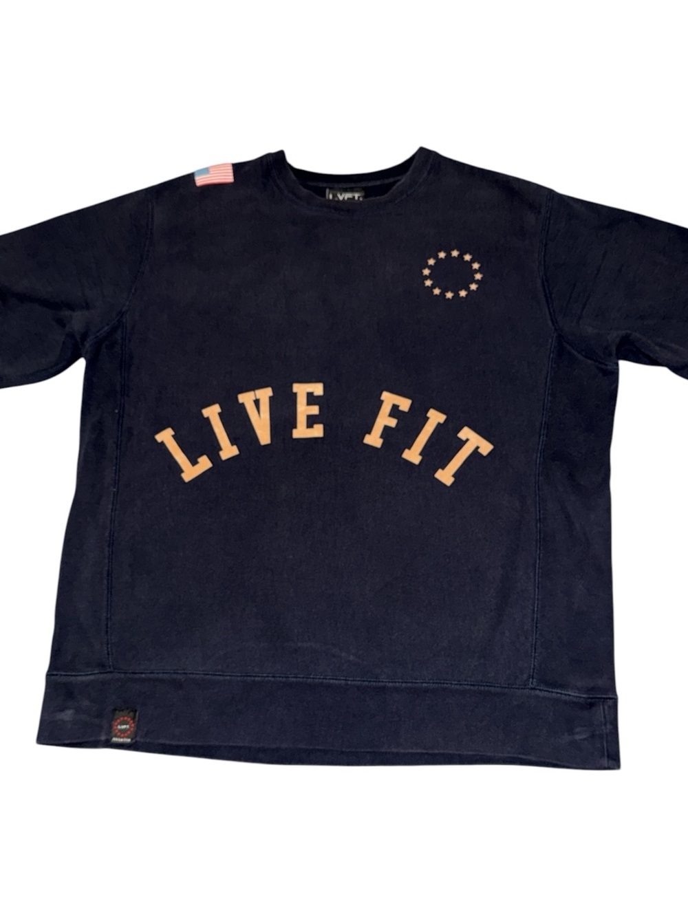 LVFT Live Fit Navy Patriotic Short Sleeve Sweatshirt XL USA Flag Athletic GUC